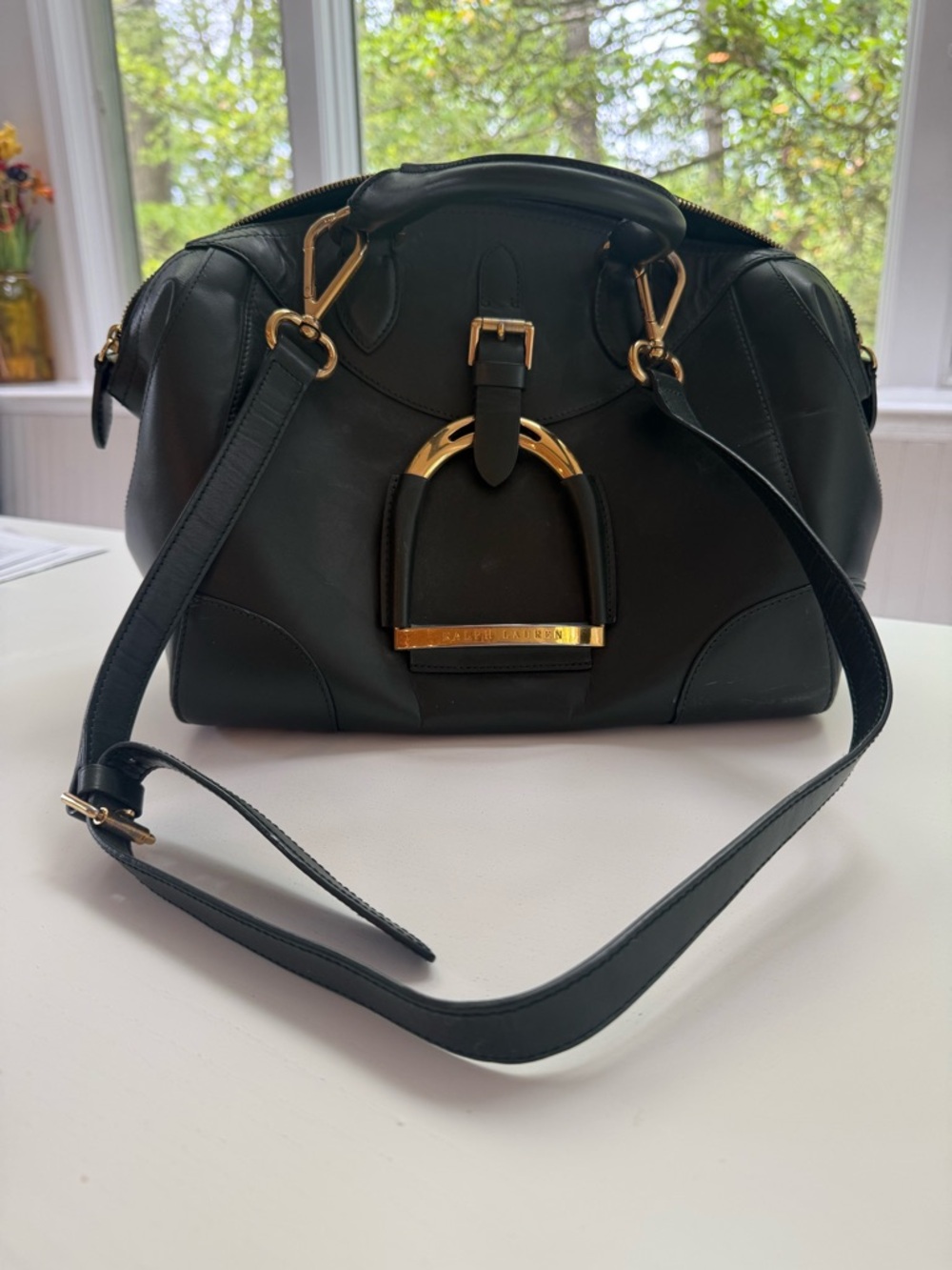 Ralph Lauren Purple Label Green Leather Satchel with Gold Hardware